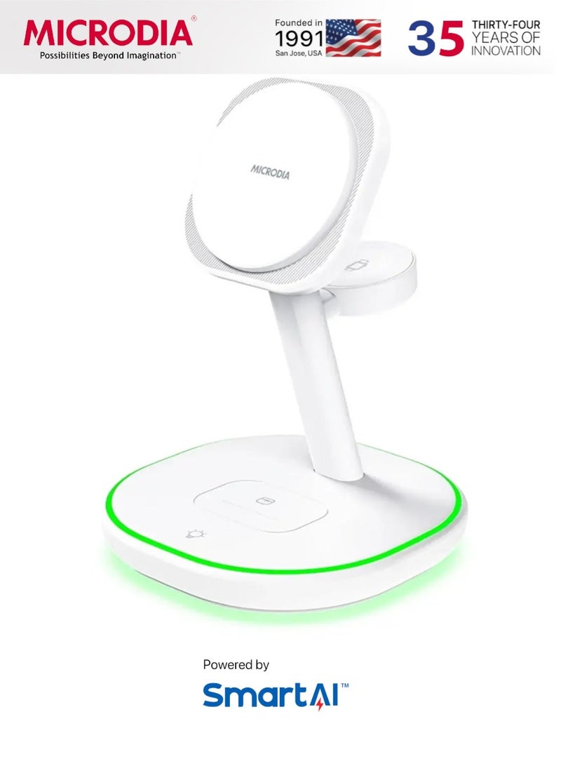 MICRODIA SNAPStation PLUS 23W 4-in-1 Magnetic Wireless Charging Station, Magsafe Wireless Charger Stand for iPhone, AirPods & Watch with Fast Charging – White - Image 1